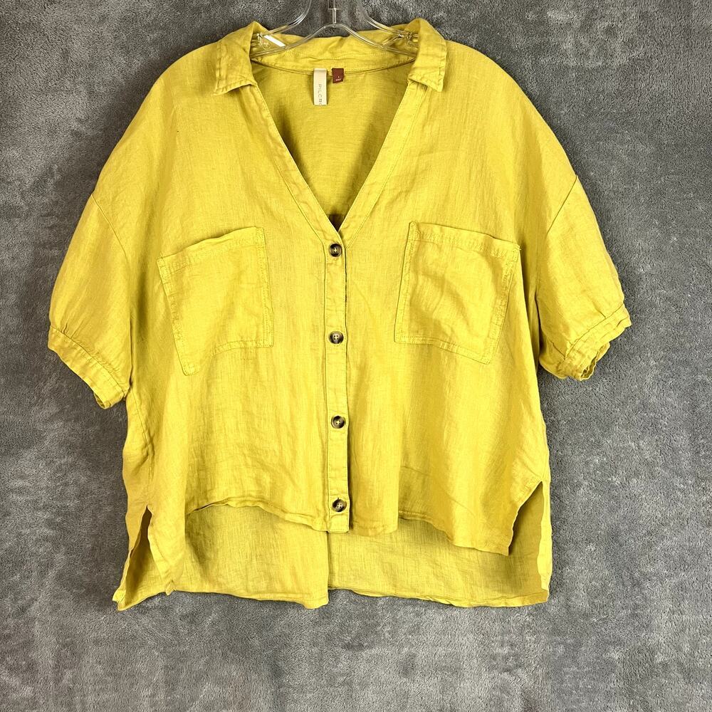 Pilcro Anthropologie Blouse Womens L 100% Linen V Neck Yellow Lightweight Resort